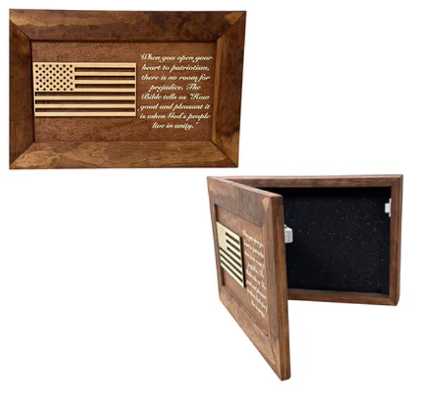 American Flag & Patriotism Decorative & Secure Wall-Mounted Gun Cabinet (Red Oak )