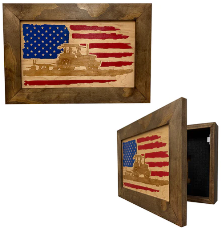 Locking Gun Cabinet Wall Mounted with American Flag and Farmer Patriotic Decorative Front