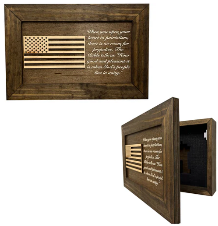 American Flag & Patriotism Decorative & Secure Wall-Mounted Gun Cabinet (Jacobean)