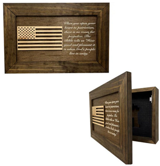 American Flag & Patriotism Decorative & Secure Wall-Mounted Gun Cabinet (Jacobean)