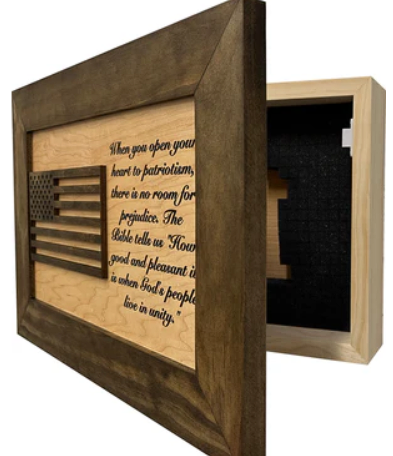 American Flag & Patriotism Decorative & Secure Wall-Mounted Gun Cabinet (Jacobean & Natural)