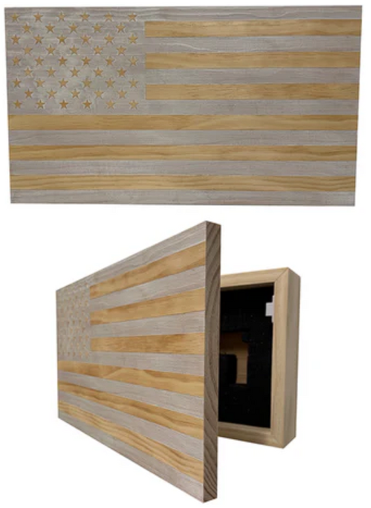 American Flag Decorative & Secure Wall-Mounted Gun Cabinet (Whitewashed)