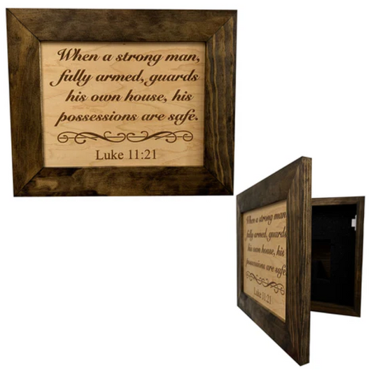 Hidden Gun Safe Recessed In Wall With Luke 11:21 Bible Verse Decoration - Recess In The Wall or Mount On The Wall by Bellewood Designs