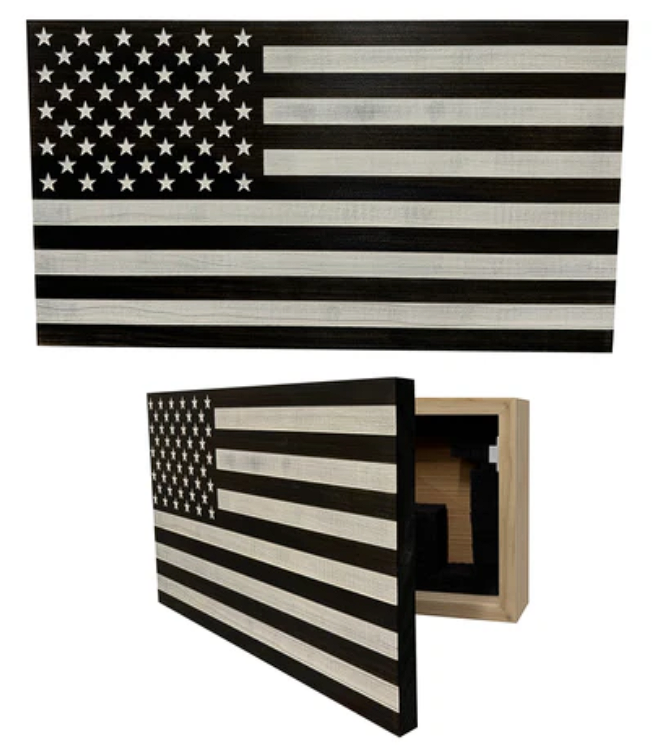 American Flag Decorative & Secure Wall-Mounted Gun Cabinet (Black & White Distressed)