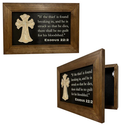 Decorative Gun Cabinet Wall-Mounted & Secure with a Cross and Exodus 22:2 - Gun safe To Securely Store Your Gun & Home Self Defense Gear