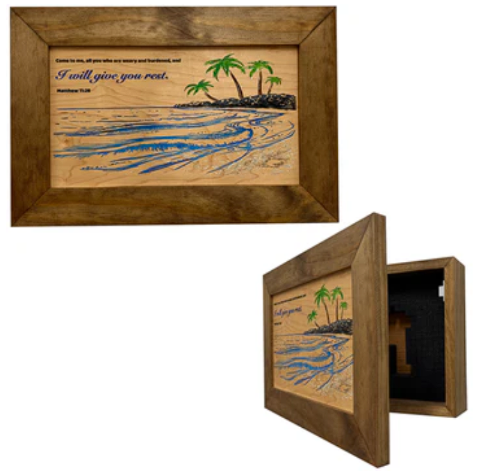 Bible Verse Decorative & Secure Wall-Mounted Gun Cabinet - Matthew 11:28 and Coastal Scene