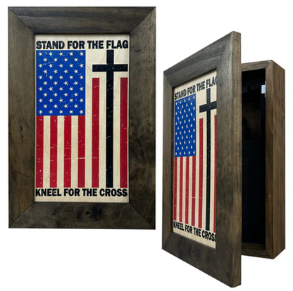 American Flag Hidden Gun Storage Cabinet - Stand For The Flag, Kneel For The Cross Concealed Gun Storage