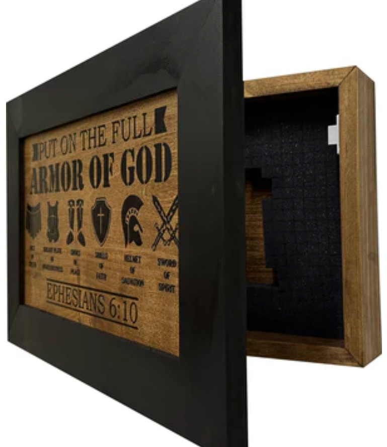 Hidden Gun Cabinet Put On The Full Armor Of God, Secure Concealed Ephesians 6:10 Gun Safe by Bellewood Designs