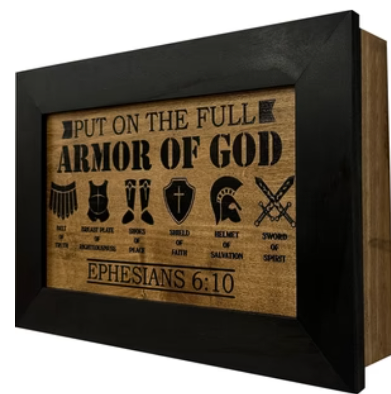 Hidden Gun Cabinet Put On The Full Armor Of God, Secure Concealed Ephesians 6:10 Gun Safe by Bellewood Designs