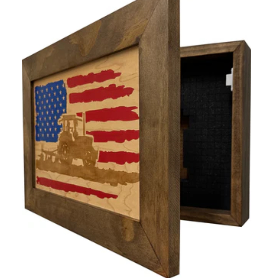 Locking Gun Cabinet Wall Mounted with American Flag and Farmer Patriotic Decorative Front