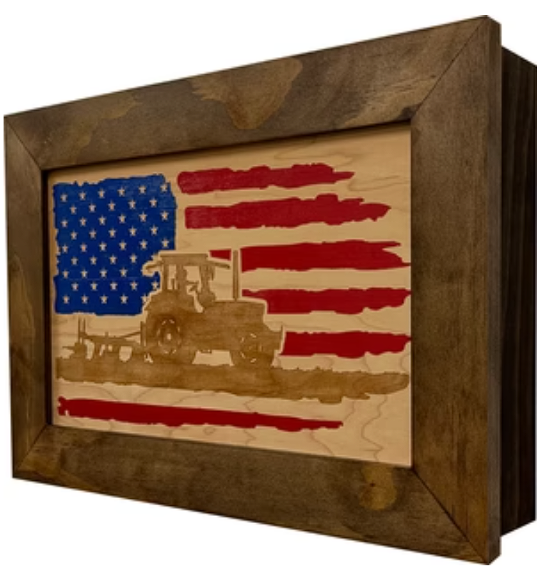 Locking Gun Cabinet Wall Mounted with American Flag and Farmer Patriotic Decorative Front