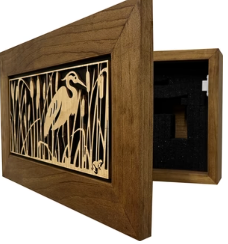 Decorative Gun Safe Heron in Cattails Wall-Mounted Gun Cabinet To Securely Store Your Gun In Plain Sight