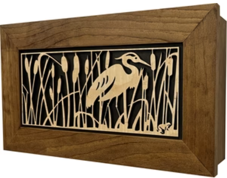 Decorative Gun Safe Heron in Cattails Wall-Mounted Gun Cabinet To Securely Store Your Gun In Plain Sight