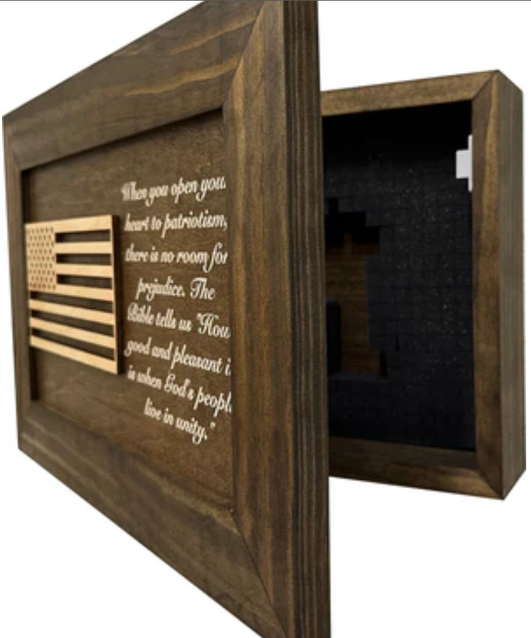 American Flag & Patriotism Decorative & Secure Wall-Mounted Gun Cabinet (Jacobean)