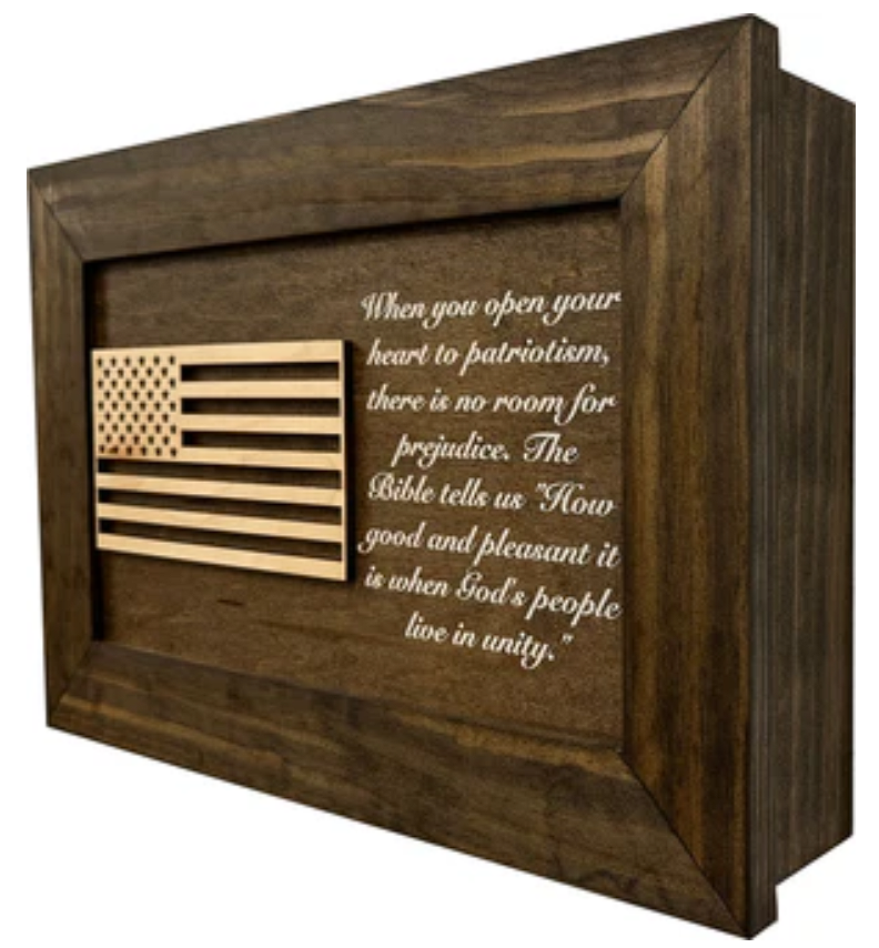 American Flag & Patriotism Decorative & Secure Wall-Mounted Gun Cabinet (Jacobean)