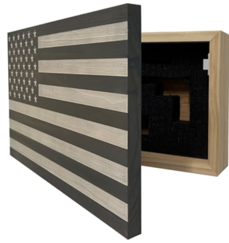 American Flag Decorative & Secure Wall-Mounted Gun Cabinet (Gray & White)