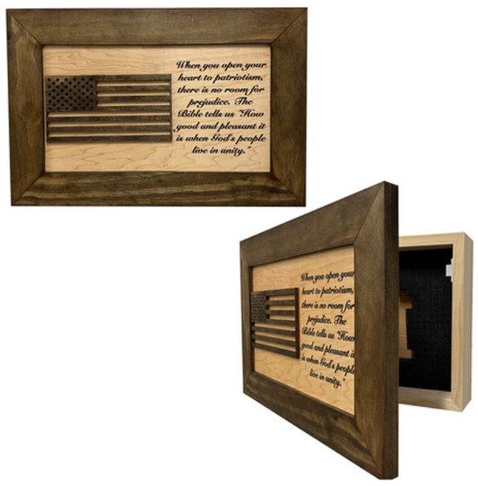 American Flag & Patriotism Decorative & Secure Wall-Mounted Gun Cabinet (Jacobean & Natural)