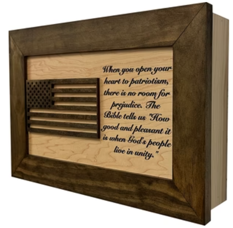 American Flag & Patriotism Decorative & Secure Wall-Mounted Gun Cabinet (Jacobean & Natural)