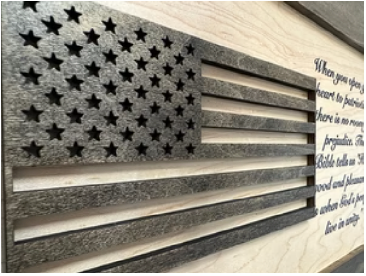 American Flag & Patriotism Decorative & Secure Wall-Mounted Gun Cabinet (Jacobean & Natural)