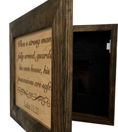 Hidden Gun Safe Recessed In Wall With Luke 11:21 Bible Verse Decoration - Recess In The Wall or Mount On The Wall by Bellewood Designs