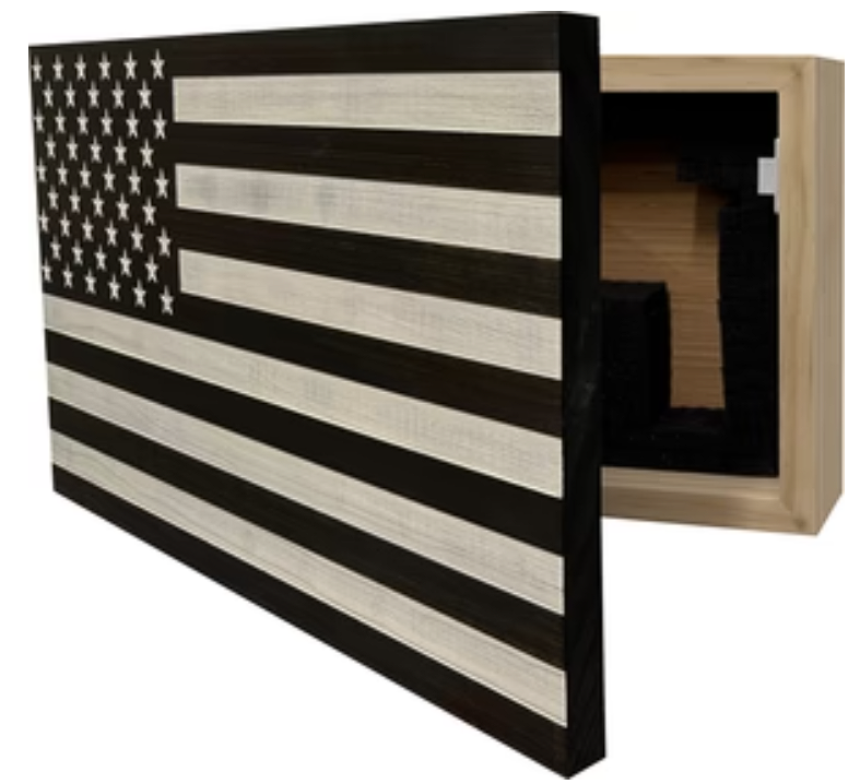 American Flag Decorative & Secure Wall-Mounted Gun Cabinet (Black & White Distressed)