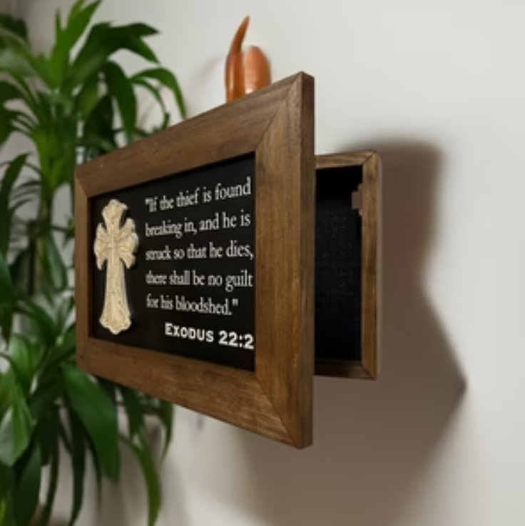 Decorative Gun Cabinet Wall-Mounted & Secure with a Cross and Exodus 22:2 - Gun safe To Securely Store Your Gun & Home Self Defense Gear