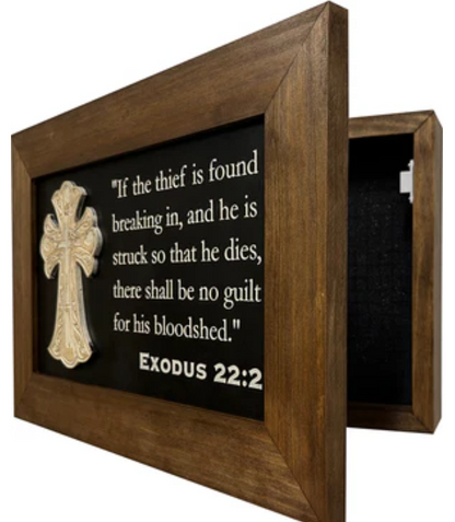 Decorative Gun Cabinet Wall-Mounted & Secure with a Cross and Exodus 22:2 - Gun safe To Securely Store Your Gun & Home Self Defense Gear