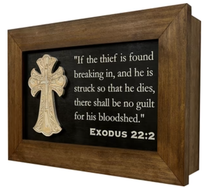 Decorative Gun Cabinet Wall-Mounted & Secure with a Cross and Exodus 22:2 - Gun safe To Securely Store Your Gun & Home Self Defense Gear