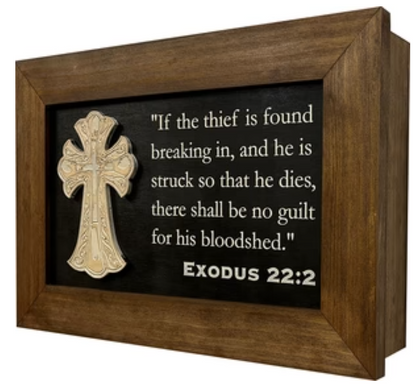 Decorative Gun Cabinet Wall-Mounted & Secure with a Cross and Exodus 22:2 - Gun safe To Securely Store Your Gun & Home Self Defense Gear