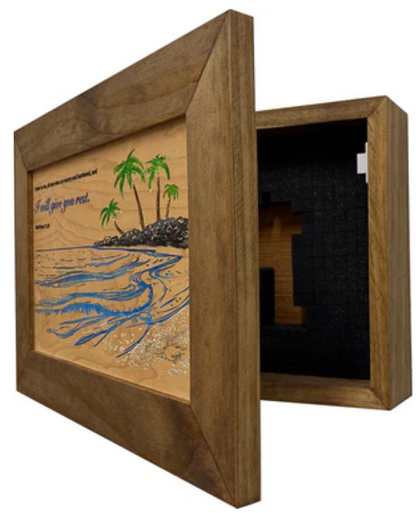 Bible Verse Decorative & Secure Wall-Mounted Gun Cabinet - Matthew 11:28 and Coastal Scene