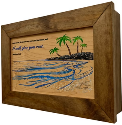 Bible Verse Decorative & Secure Wall-Mounted Gun Cabinet - Matthew 11:28 and Coastal Scene