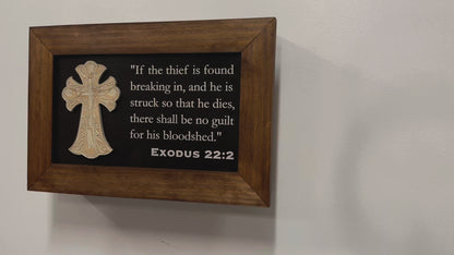 Decorative Gun Cabinet Wall-Mounted & Secure with a Cross and Exodus 22:2 - Gun safe To Securely Store Your Gun & Home Self Defense Gear