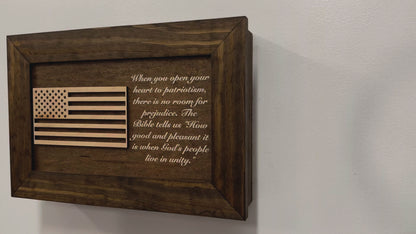 American Flag & Patriotism Decorative & Secure Wall-Mounted Gun Cabinet (Jacobean)