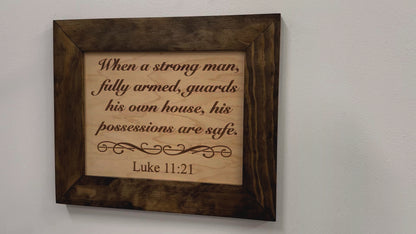 Hidden Gun Safe Recessed In Wall With Luke 11:21 Bible Verse Decoration - Recess In The Wall or Mount On The Wall by Bellewood Designs